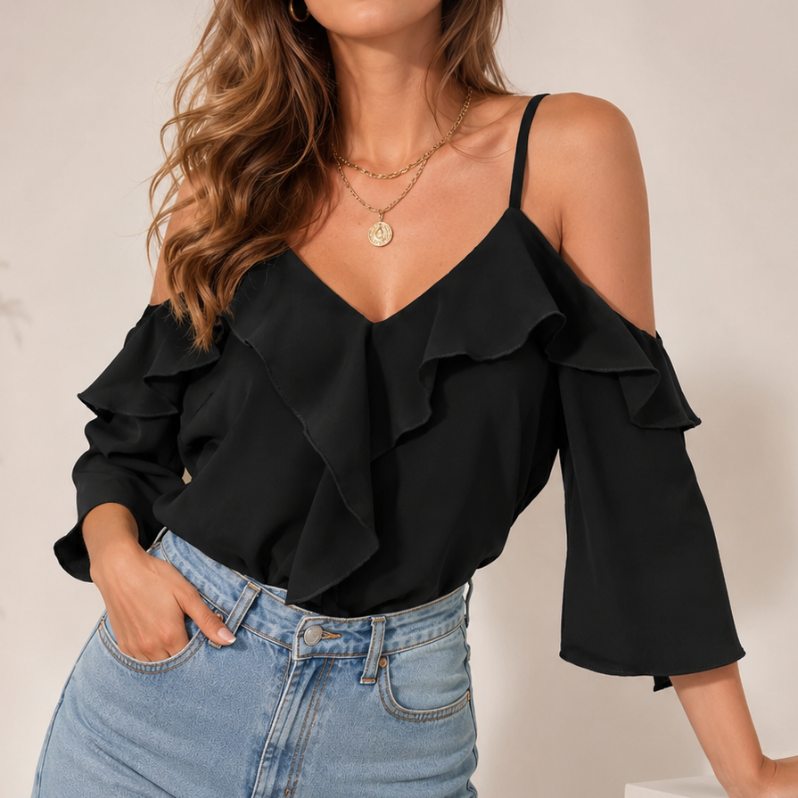 Sofia Black Ruffle Off-Shoulder Top