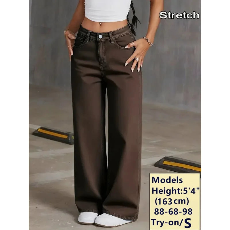 OIQERE 2026 New Brown Stretch Wide Leg Jeans Women High Waist Loose Straight Denim Pants Streetwear Casual Vintage Trousers