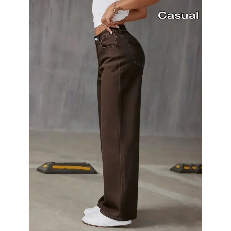 OIQERE 2026 New Brown Stretch Wide Leg Jeans Women High Waist Loose Straight Denim Pants Streetwear Casual Vintage Trousers