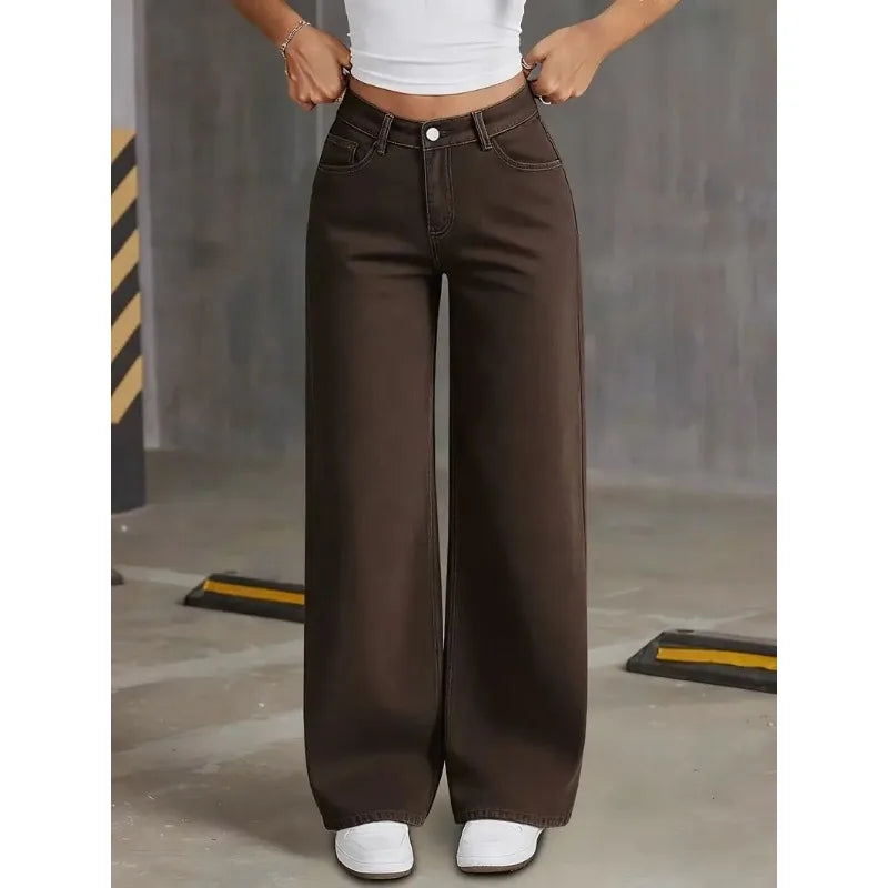 OIQERE 2026 New Brown Stretch Wide Leg Jeans Women High Waist Loose Straight Denim Pants Streetwear Casual Vintage Trousers