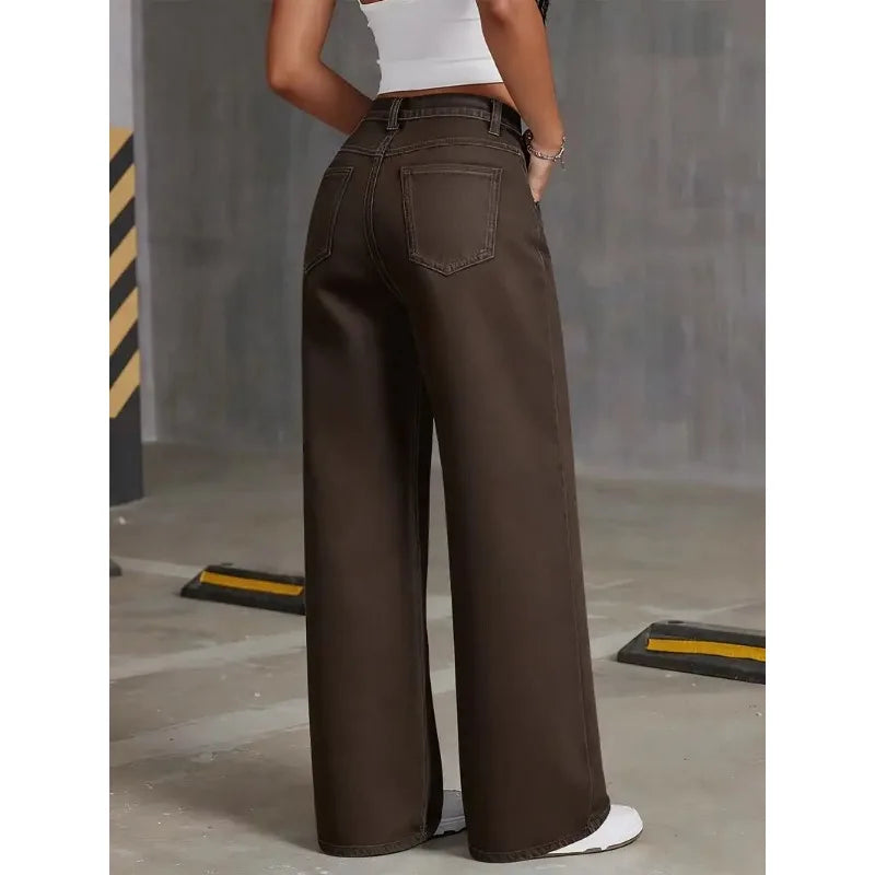 OIQERE 2026 New Brown Stretch Wide Leg Jeans Women High Waist Loose Straight Denim Pants Streetwear Casual Vintage Trousers