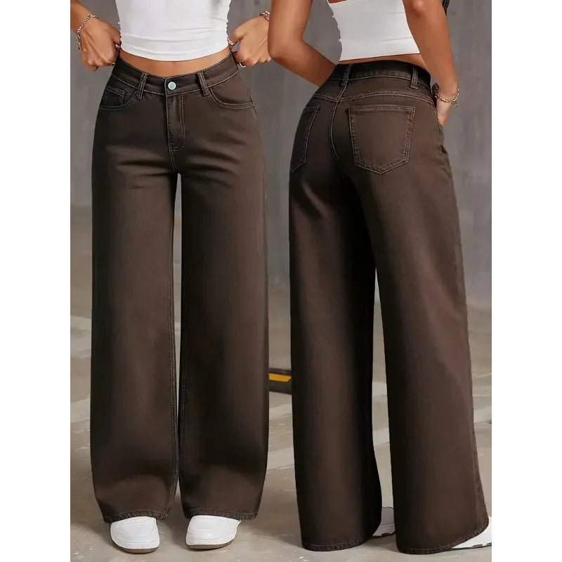 OIQERE 2026 New Brown Stretch Wide Leg Jeans Women High Waist Loose Straight Denim Pants Streetwear Casual Vintage Trousers
