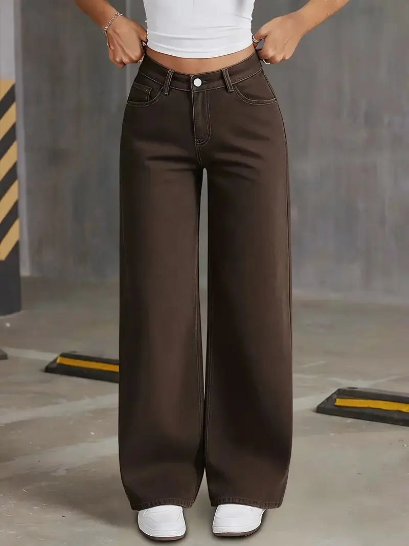 OIQERE 2026 New Brown Stretch Wide Leg Jeans Women High Waist Loose Straight Denim Pants Streetwear Casual Vintage Trousers